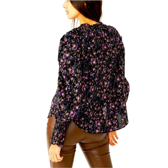 NWOT Free People Meant to Be Poets Sleeve Black Floral Cotton‎ Blouse Size Large - Picture 4 of 8